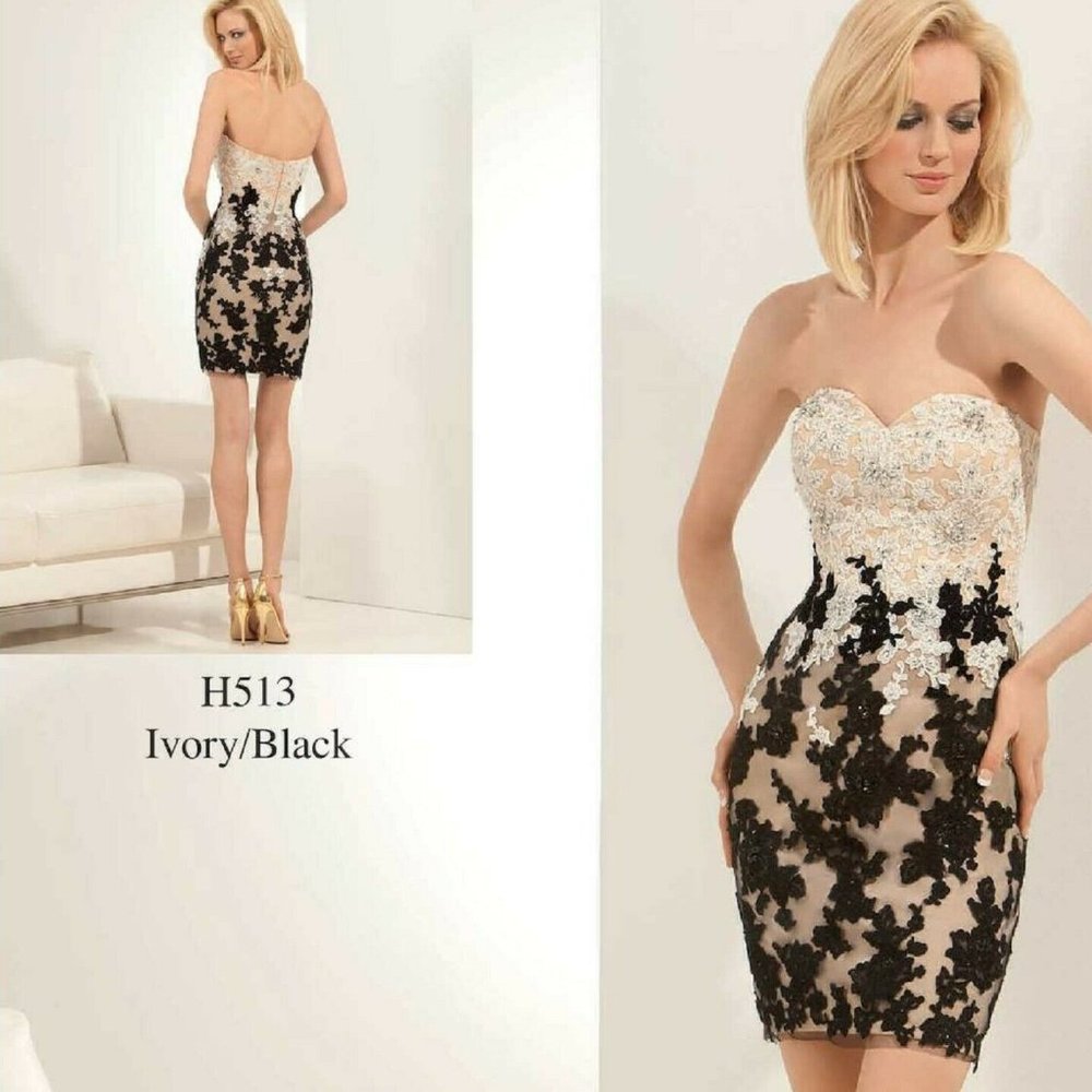 Awesome Ivory/Black Lace Embellish Sheath Short Formal Dress Size 6